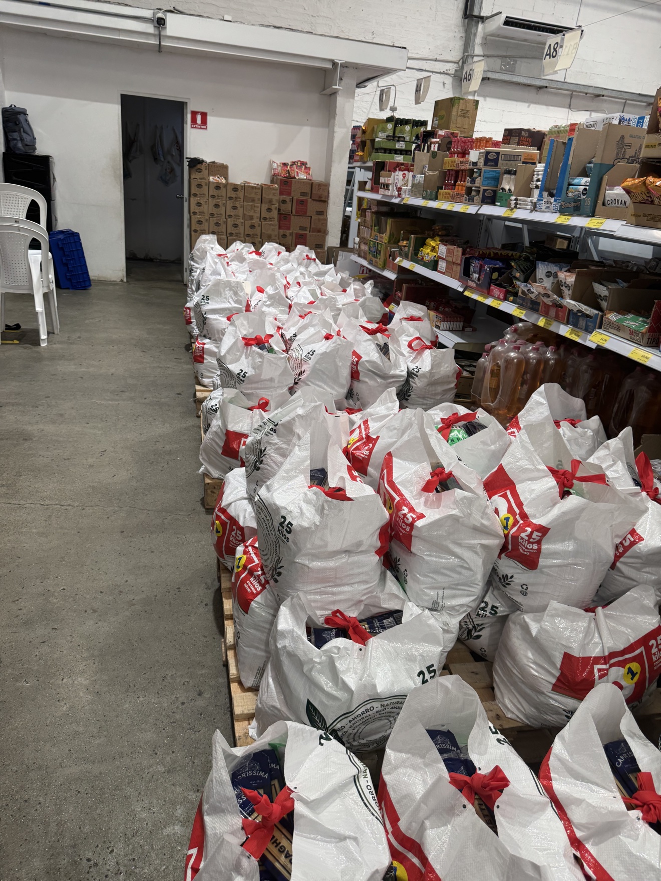 Warehouse with white bags of packaged food