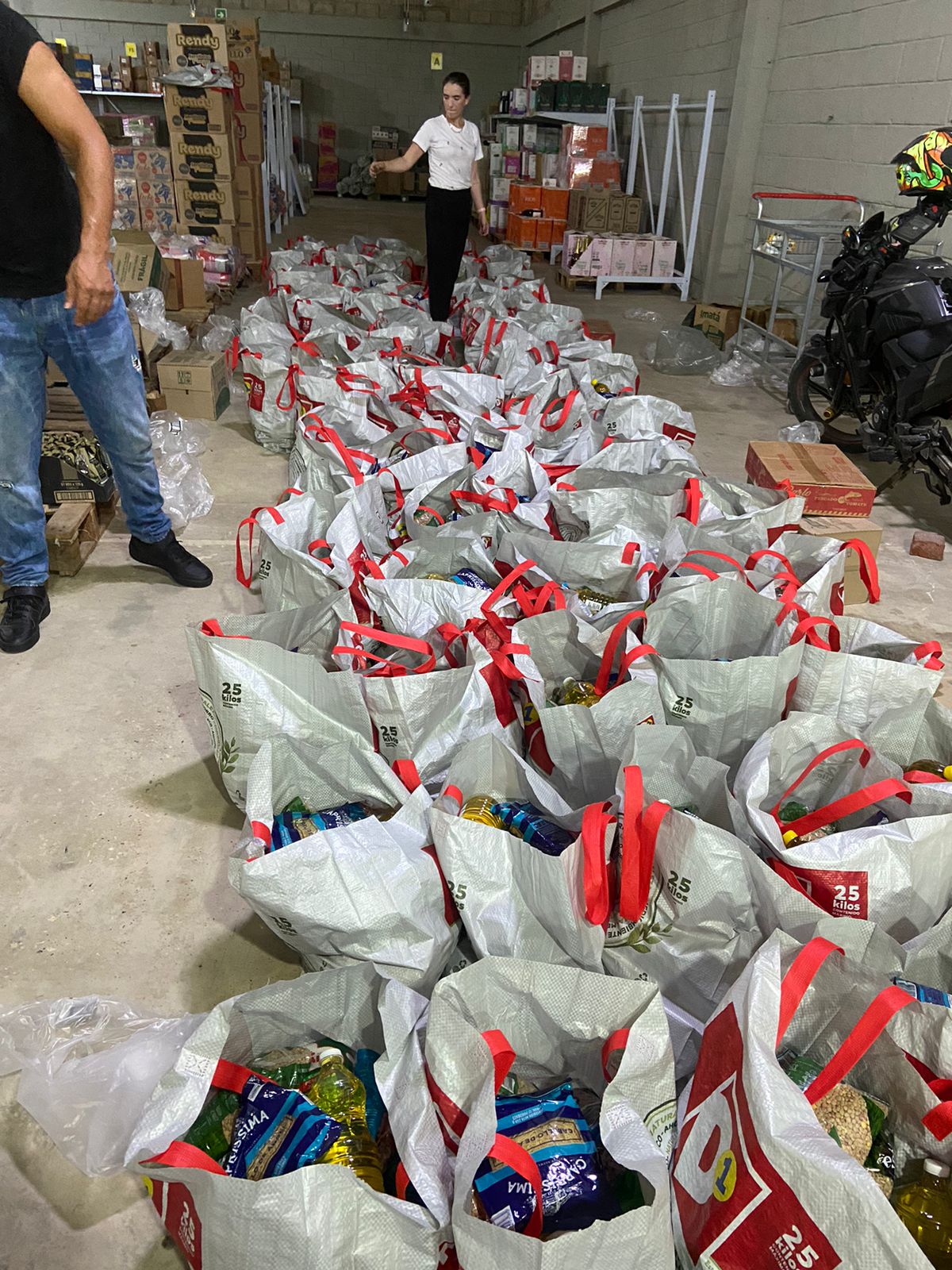 Long rows of packed grocery bags with red handles ready for distribution