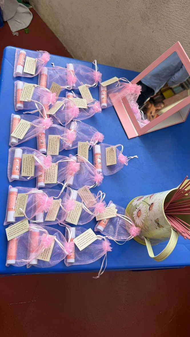 Handmade gift bags for the girls.