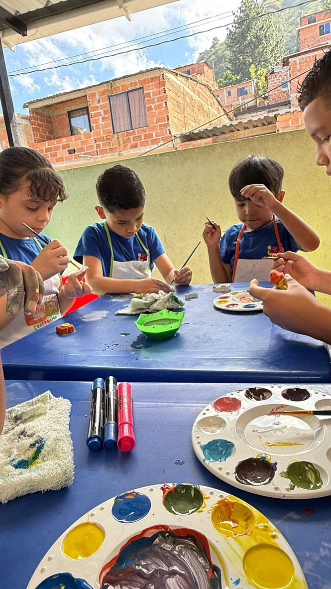 A painting workshop on the patio.
